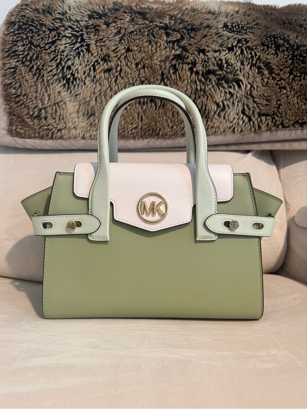 Michael Kors Carmen Medium Green and Cream Satchel